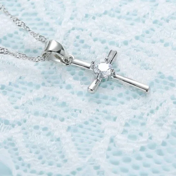 925 Sterling Silver Cross Necklace and Earrings Set Adorable Gift Ensemble - Picture 4 of 7